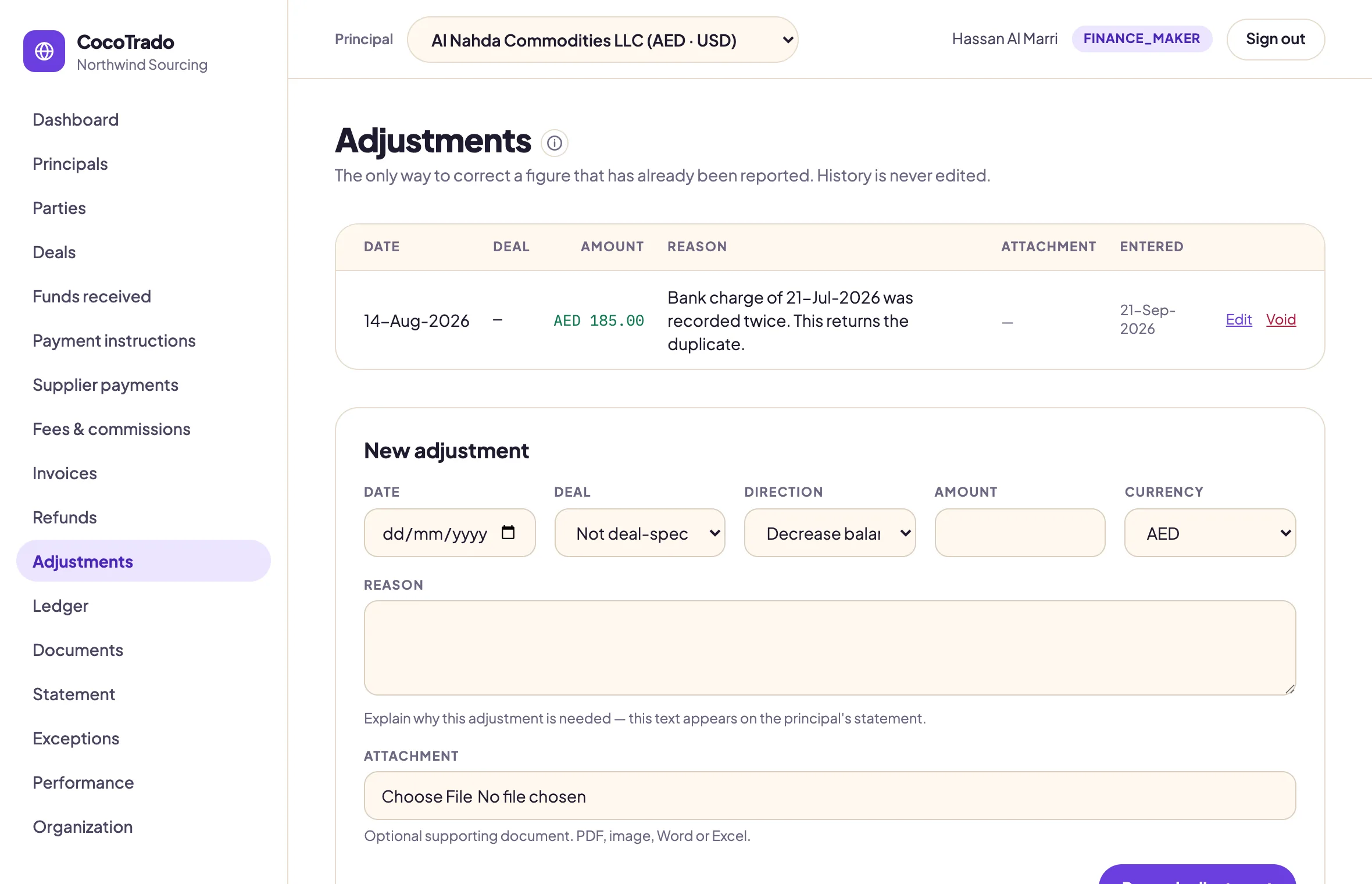 Adjustments: one recorded adjustment returning a duplicated bank charge with its reason, and the form for a new one with a mandatory reason and optional attachment
