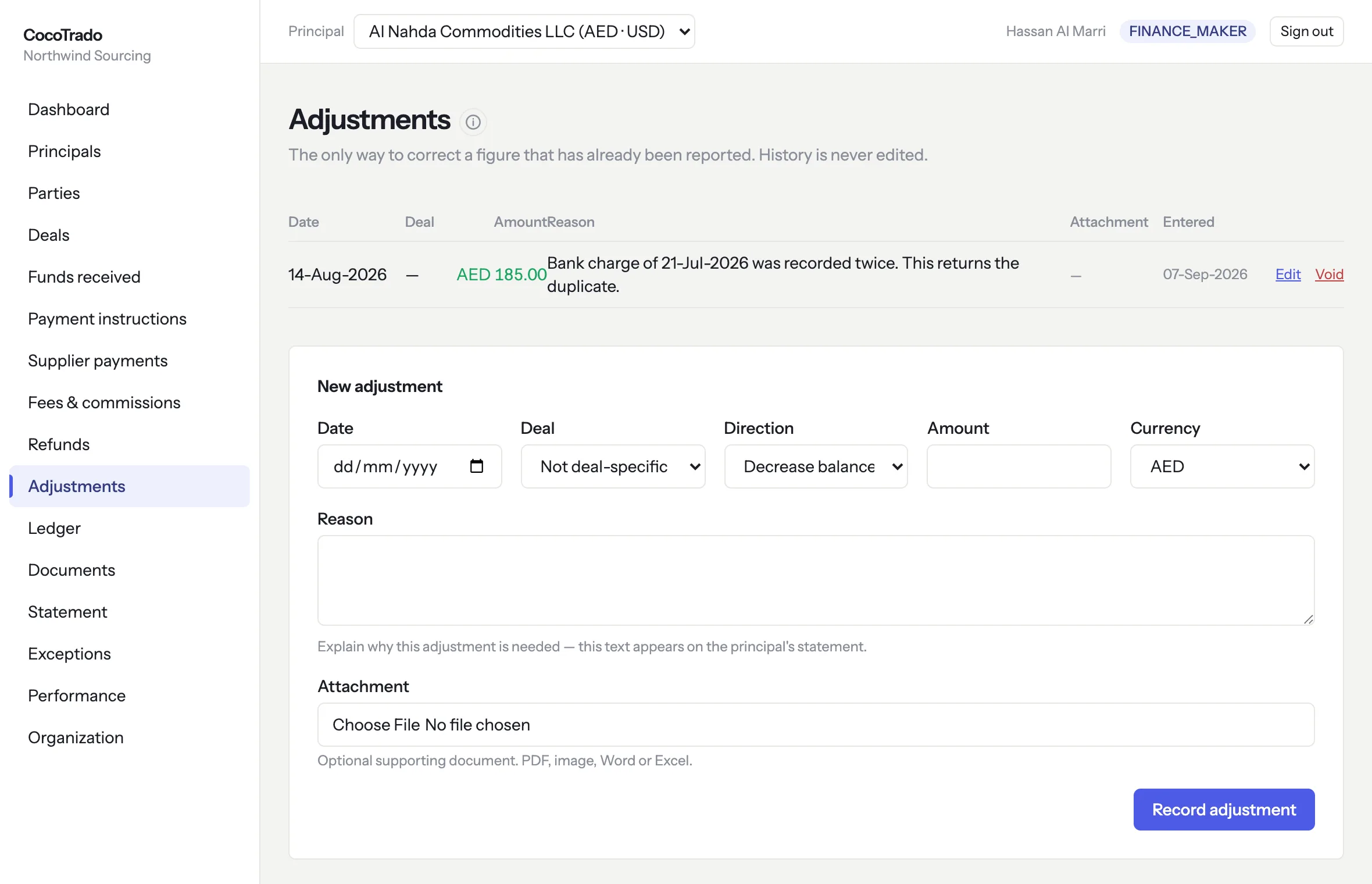 Adjustments: one recorded adjustment returning a duplicated bank charge with its reason, and the form for a new one with a mandatory reason and optional attachment