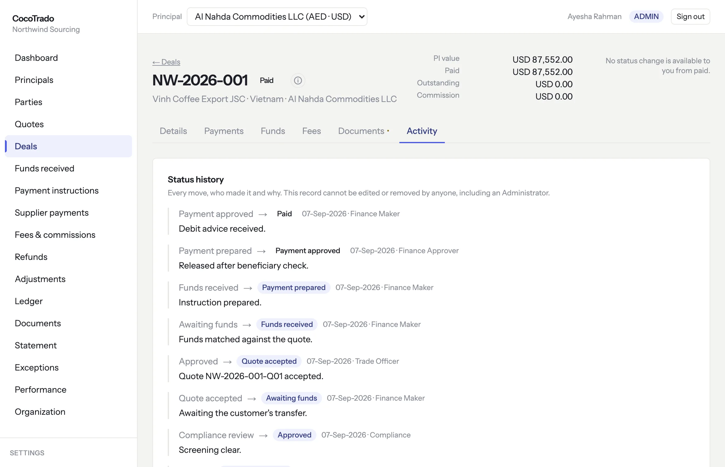 A deal's Activity tab: the status history, each move showing the state before and after, the date, the role that made it and the reason given