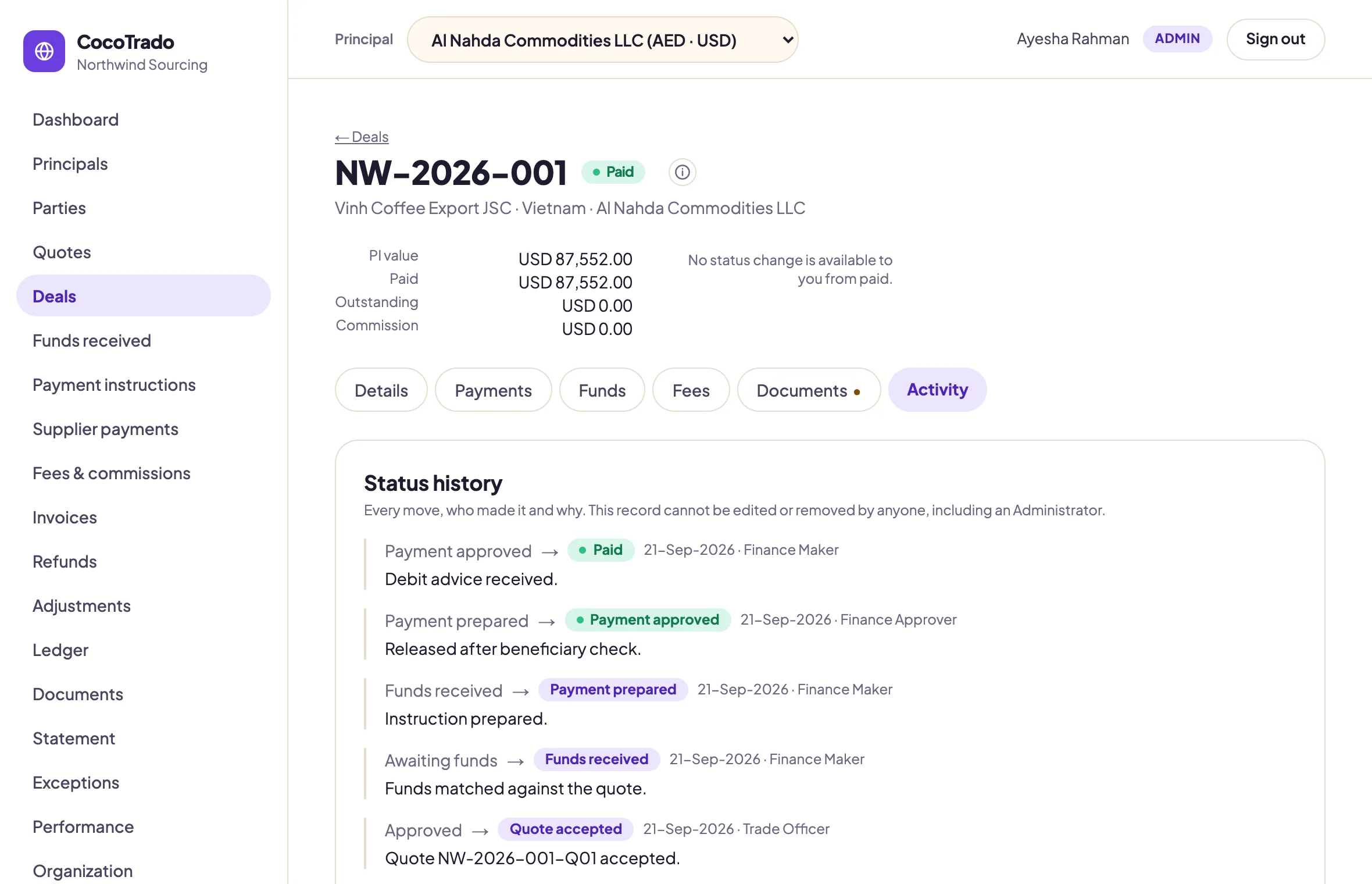 A deal's Activity tab: the status history, each move showing the state before and after, the date, the role that made it and the reason given