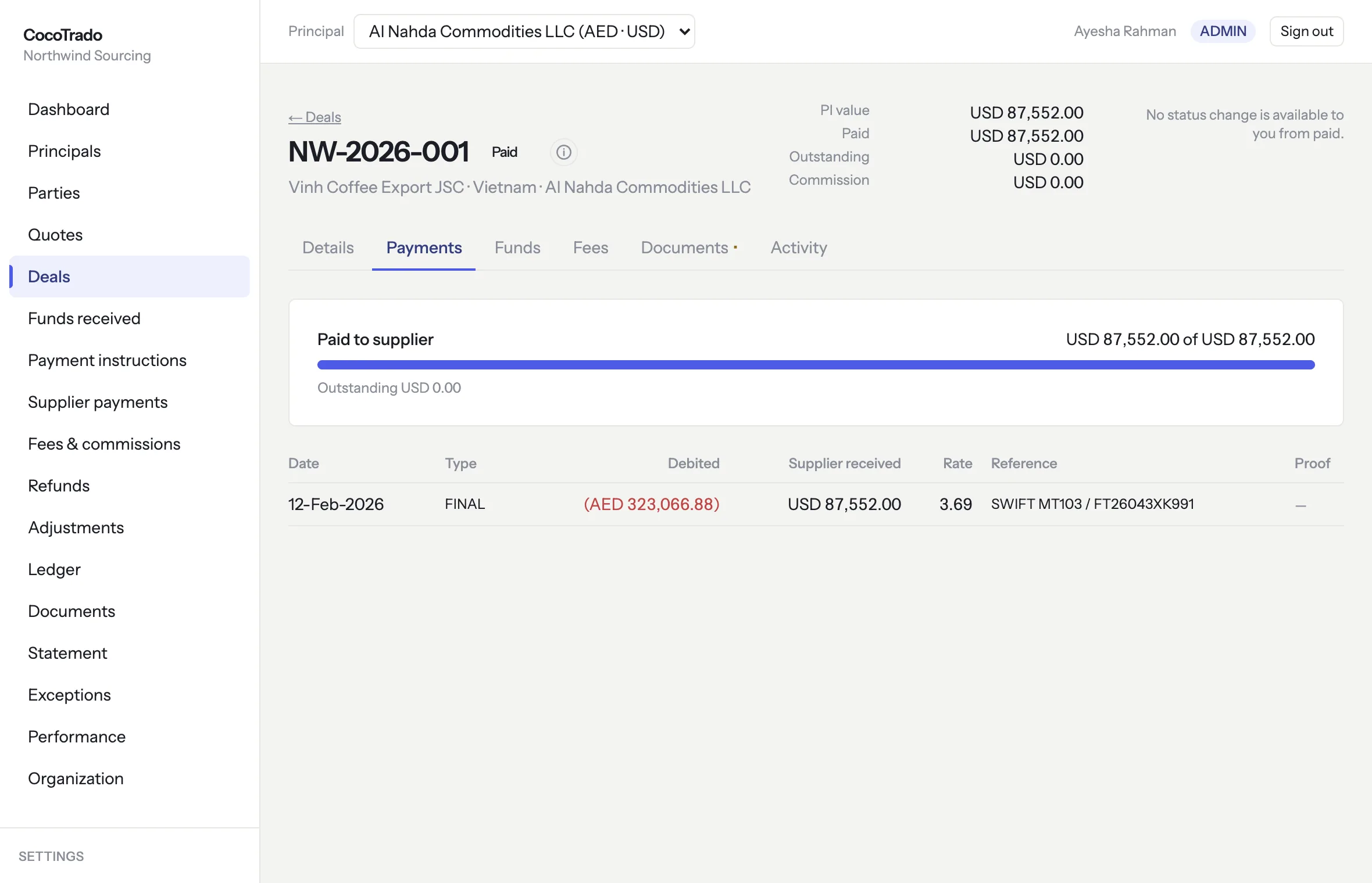 A deal page on its Payments tab: PI value, paid and outstanding at the top, a paid-to-supplier bar at 100%, and one final payment row showing the AED amount debited, the USD amount the supplier received and the rate