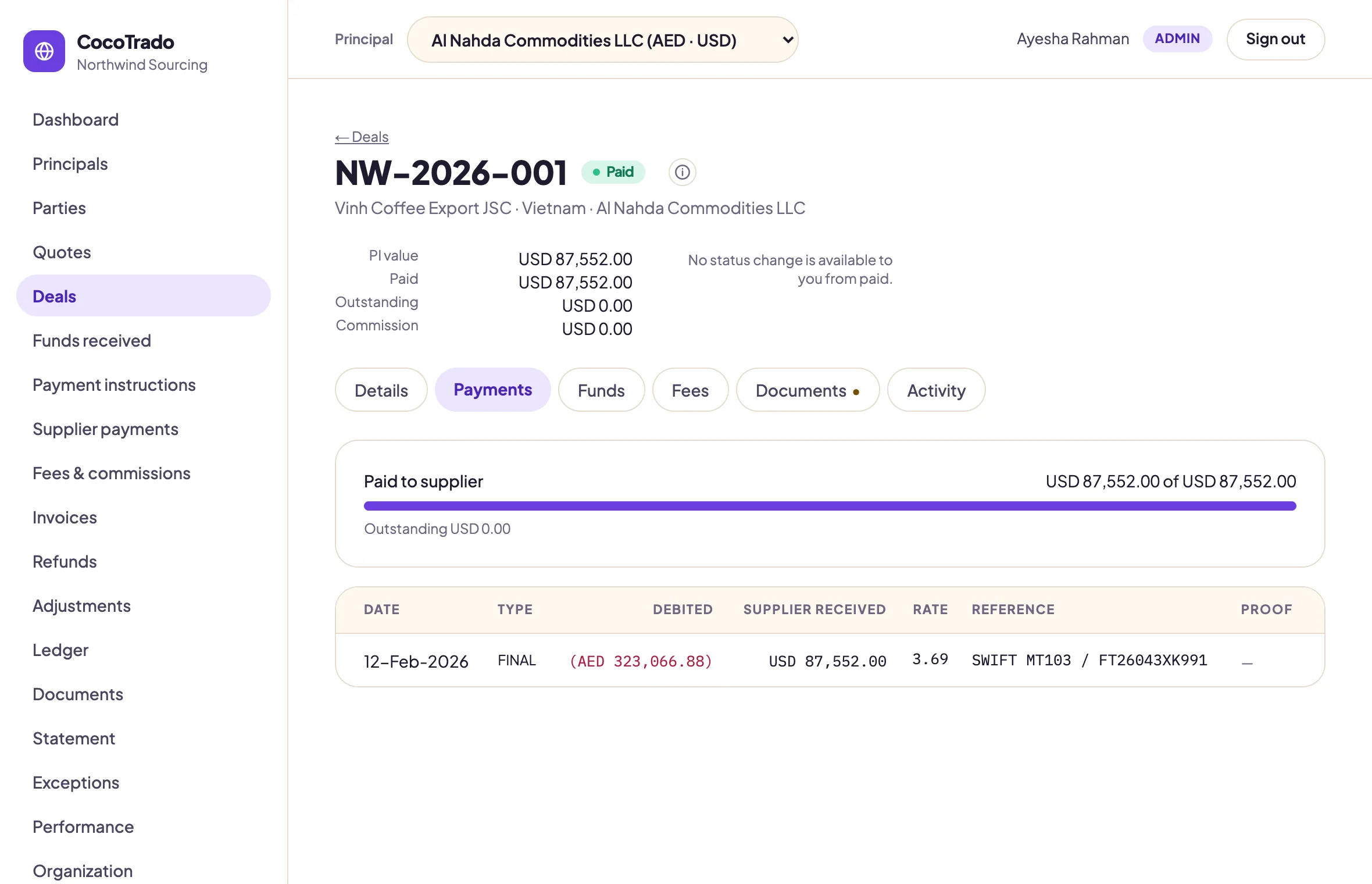 A deal page on its Payments tab: PI value, paid and outstanding at the top, a paid-to-supplier bar at 100%, and one final payment row showing the AED amount debited, the USD amount the supplier received and the rate