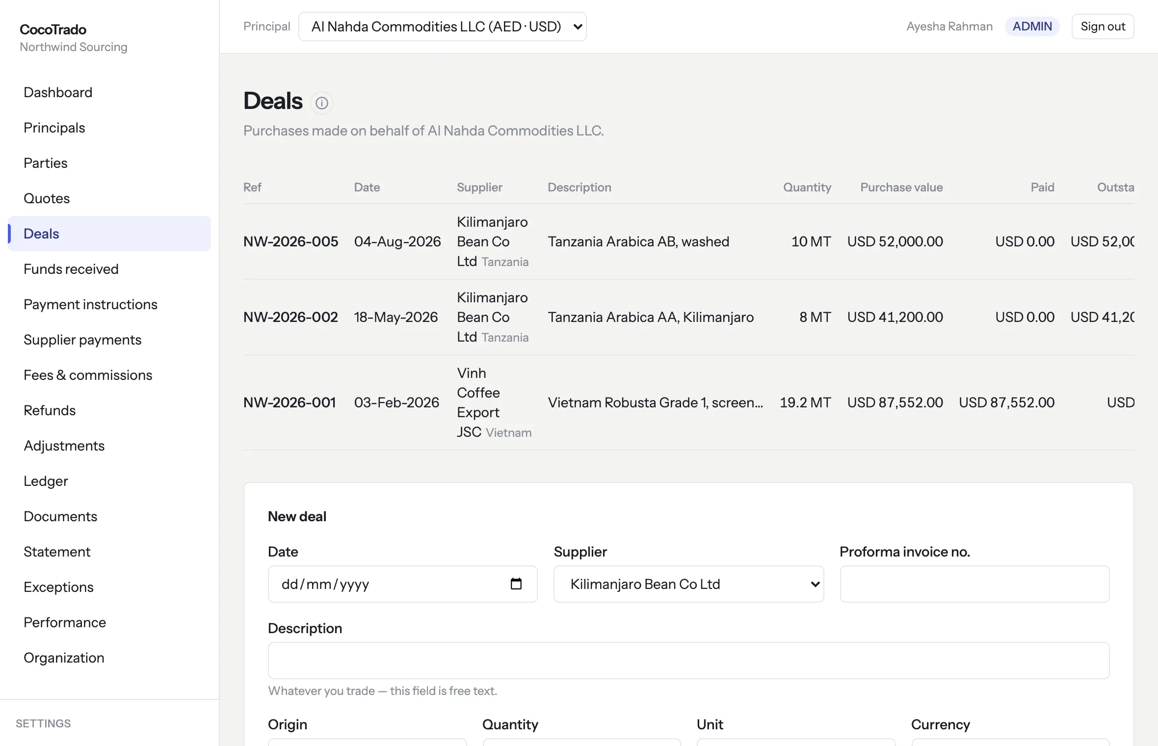 The deals list for one principal: reference, date, supplier, description, quantity, purchase value, paid and outstanding for three deals, above the new deal form