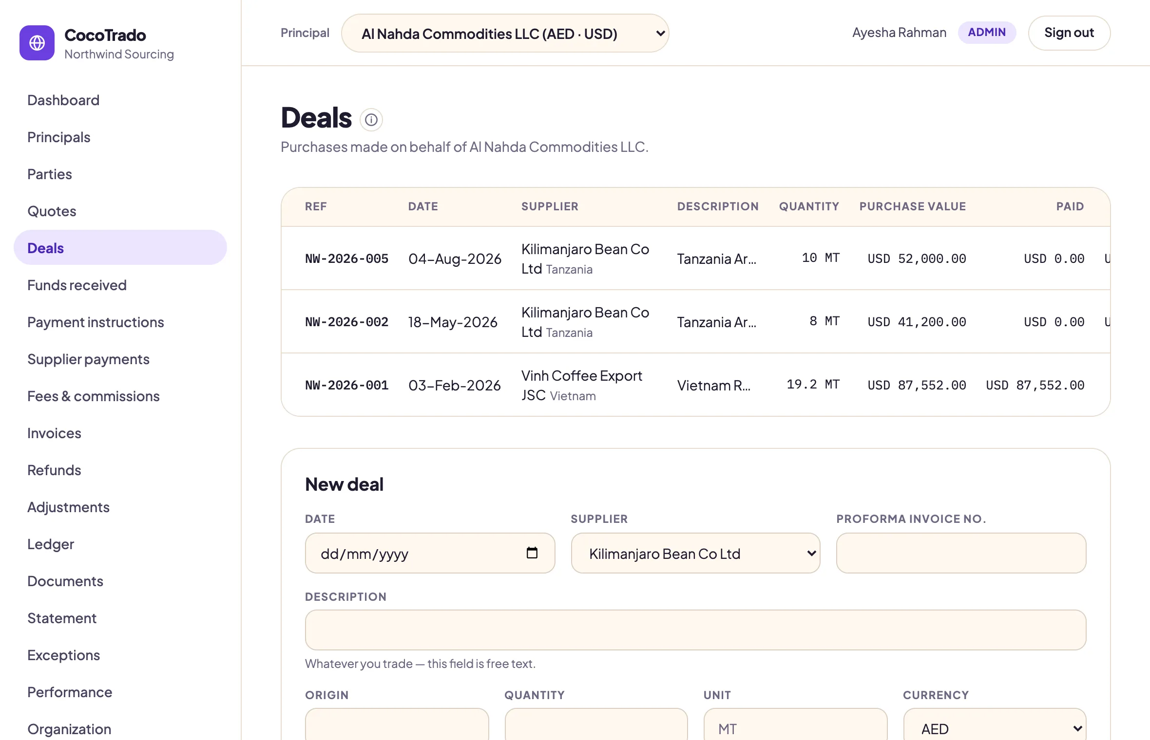 The deals list for one principal: reference, date, supplier, description, quantity, purchase value, paid and outstanding for three deals, above the new deal form