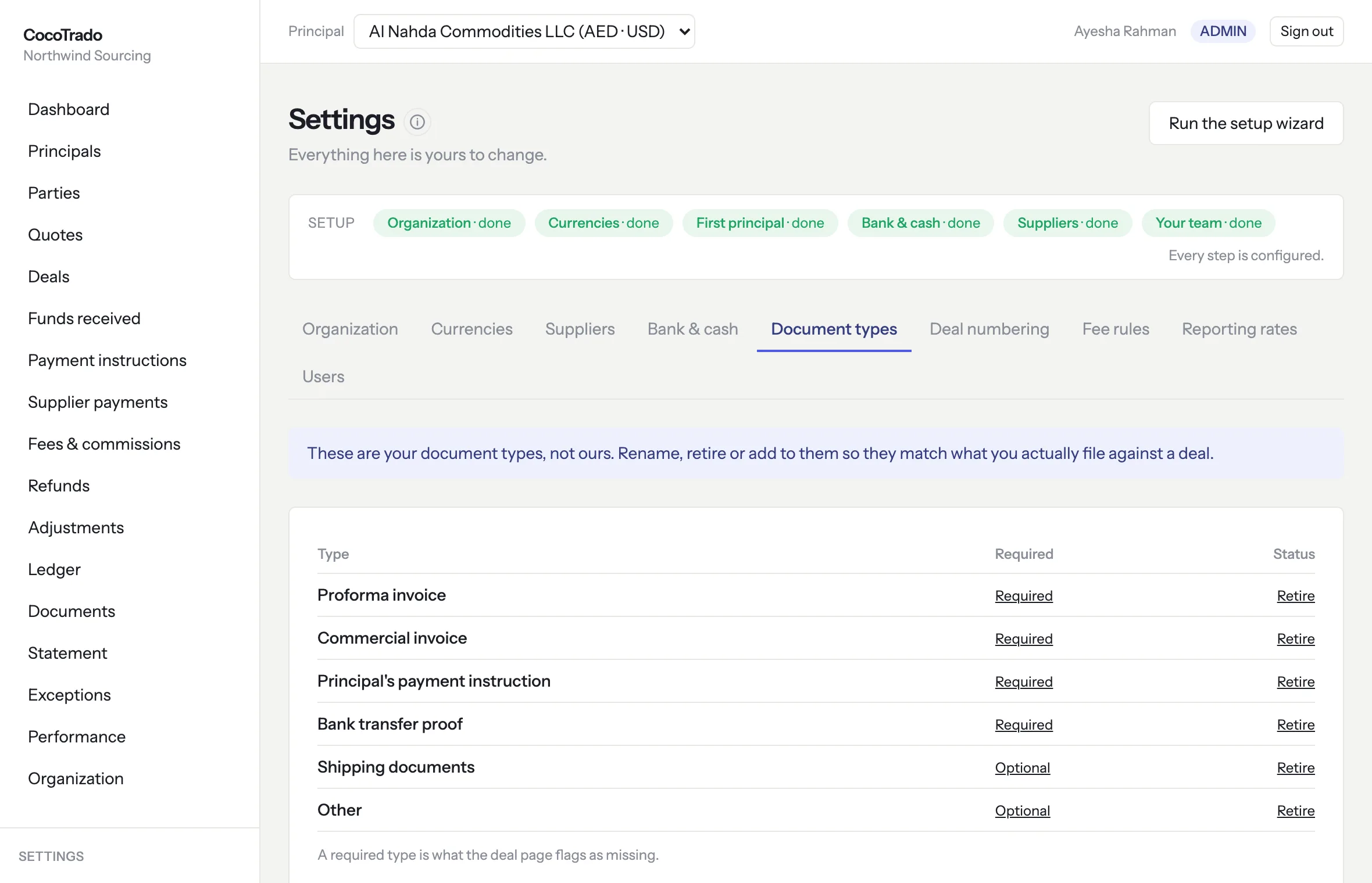 Document types settings: six types with Required or Optional and a Retire control on each, and a note that these are the organization's own types