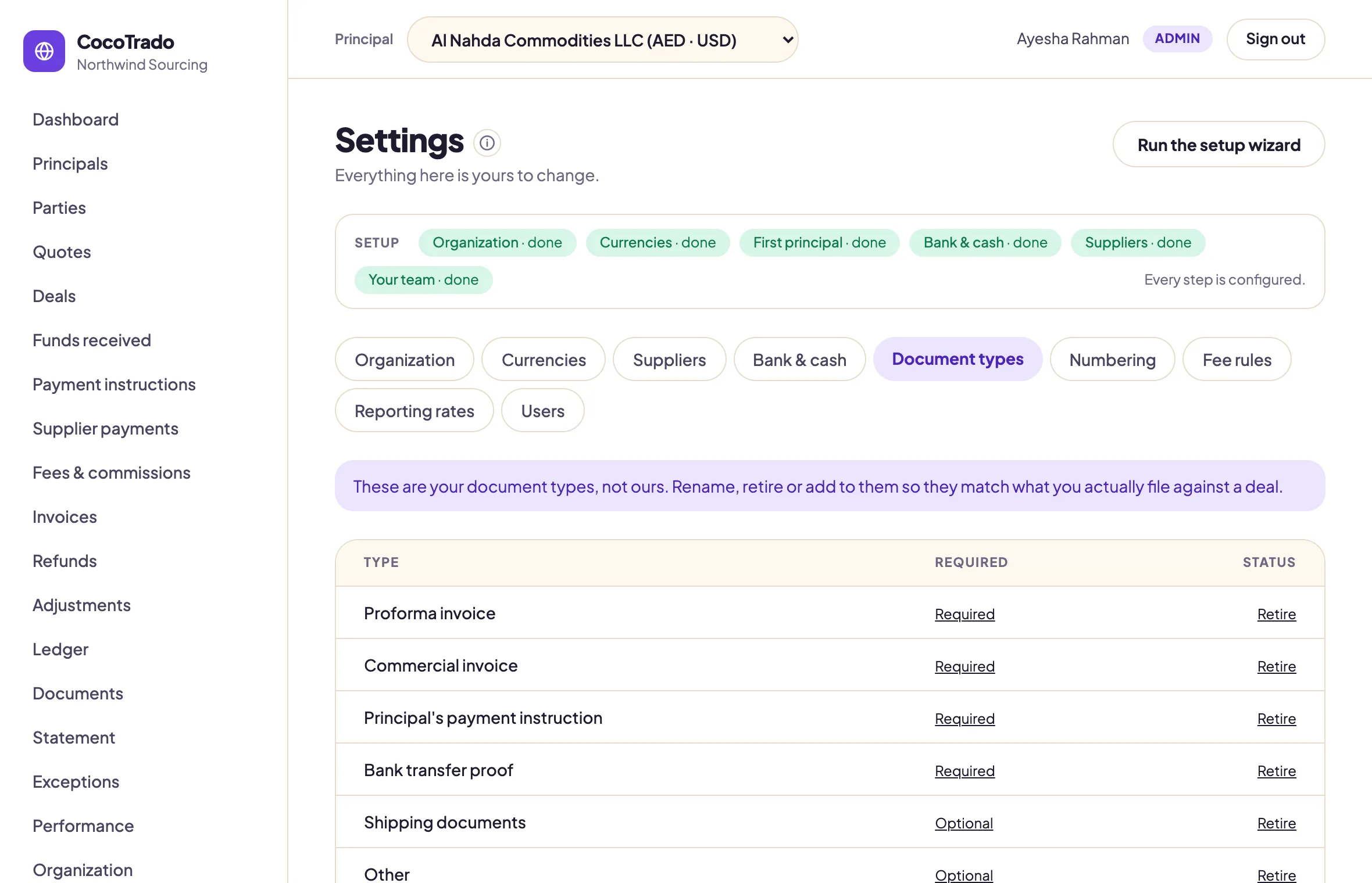 Document types settings: six types with Required or Optional and a Retire control on each, and a note that these are the organization's own types