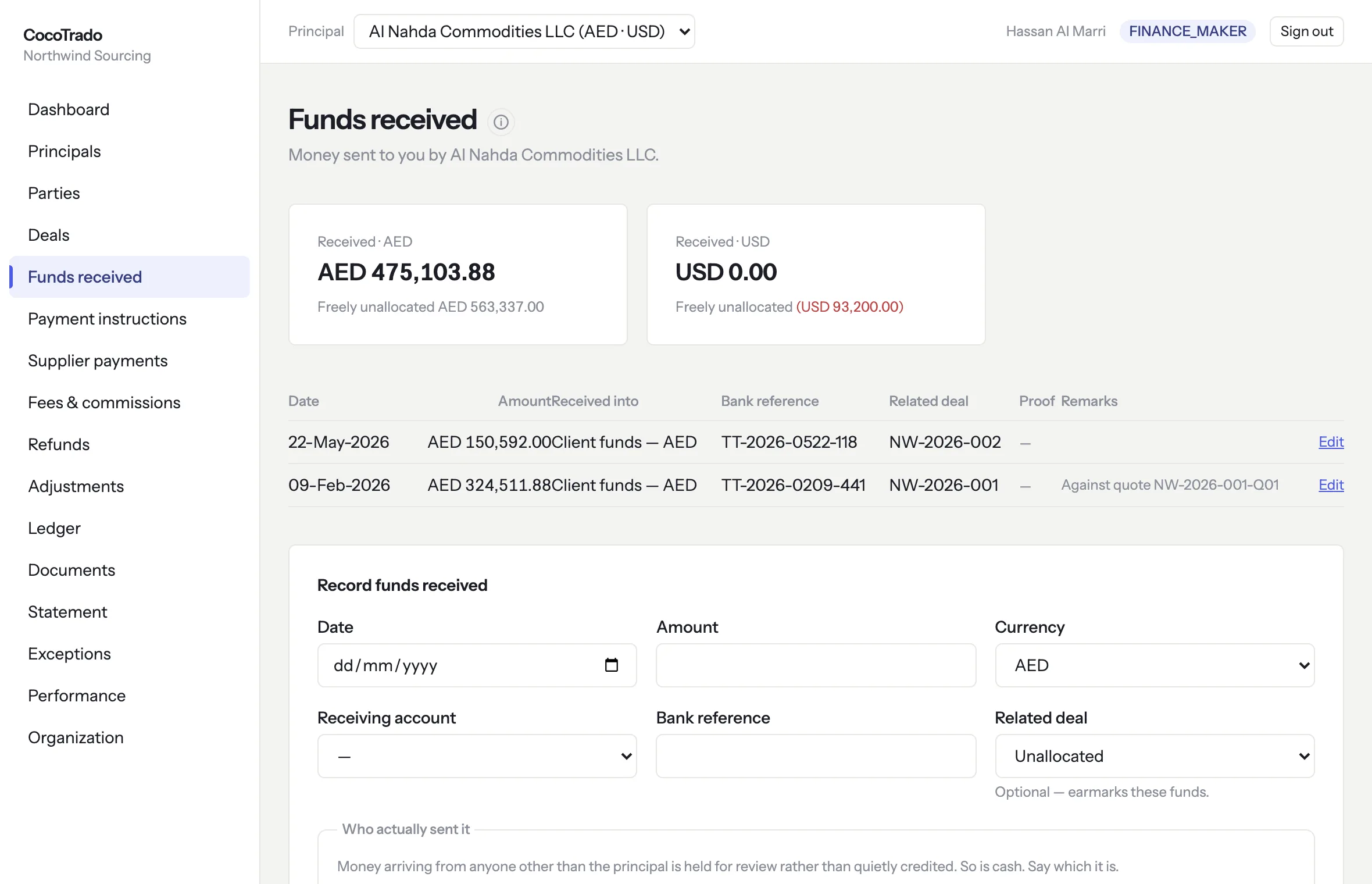 Funds received: totals per currency, a list of receipts with bank references and related deals, and the recording form with a section asking who actually sent it