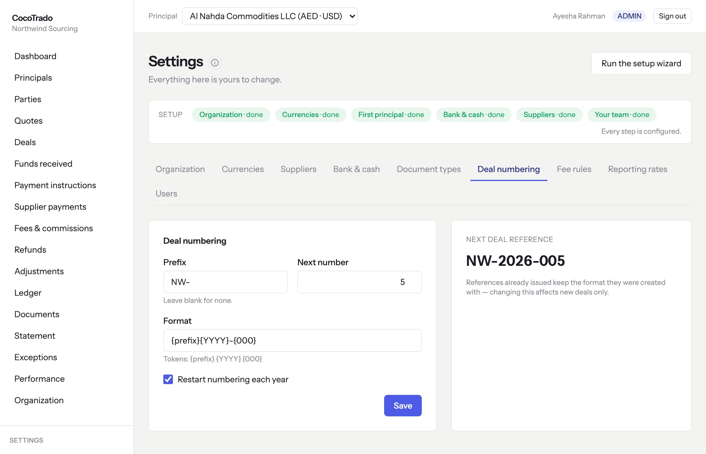 Deal numbering settings: prefix, next number, a format with tokens, a restart-each-year option, and a preview of the next deal reference
