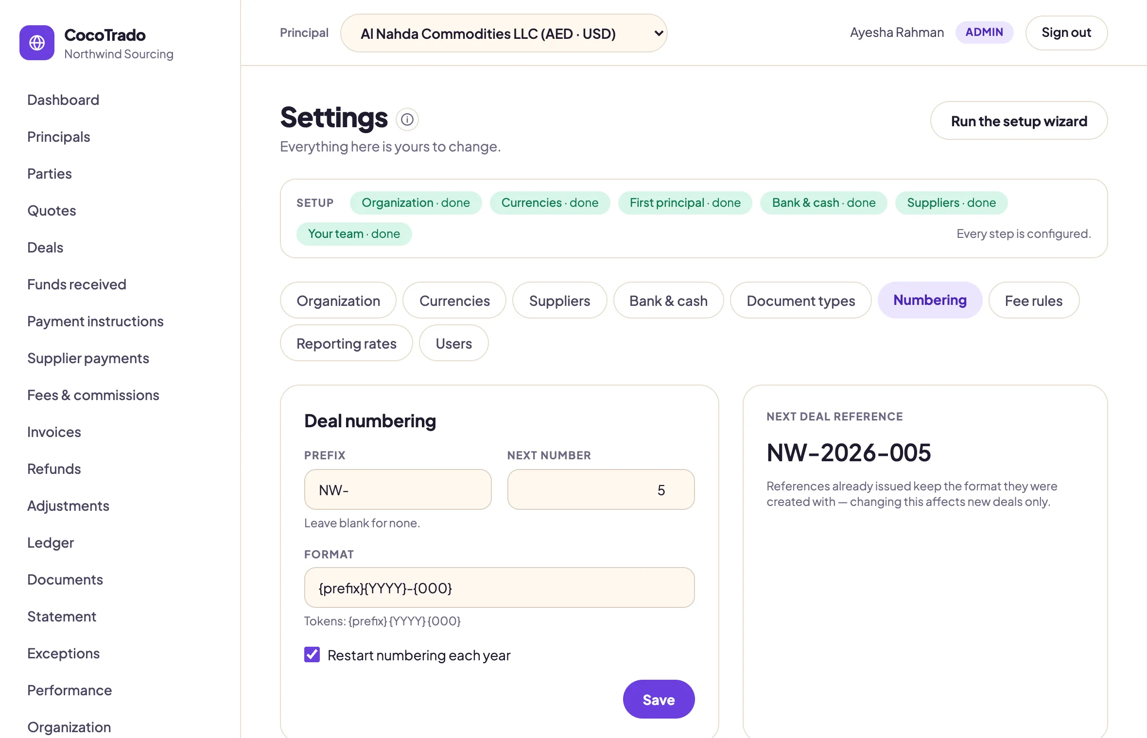 Deal numbering settings: prefix, next number, a format with tokens, a restart-each-year option, and a preview of the next deal reference