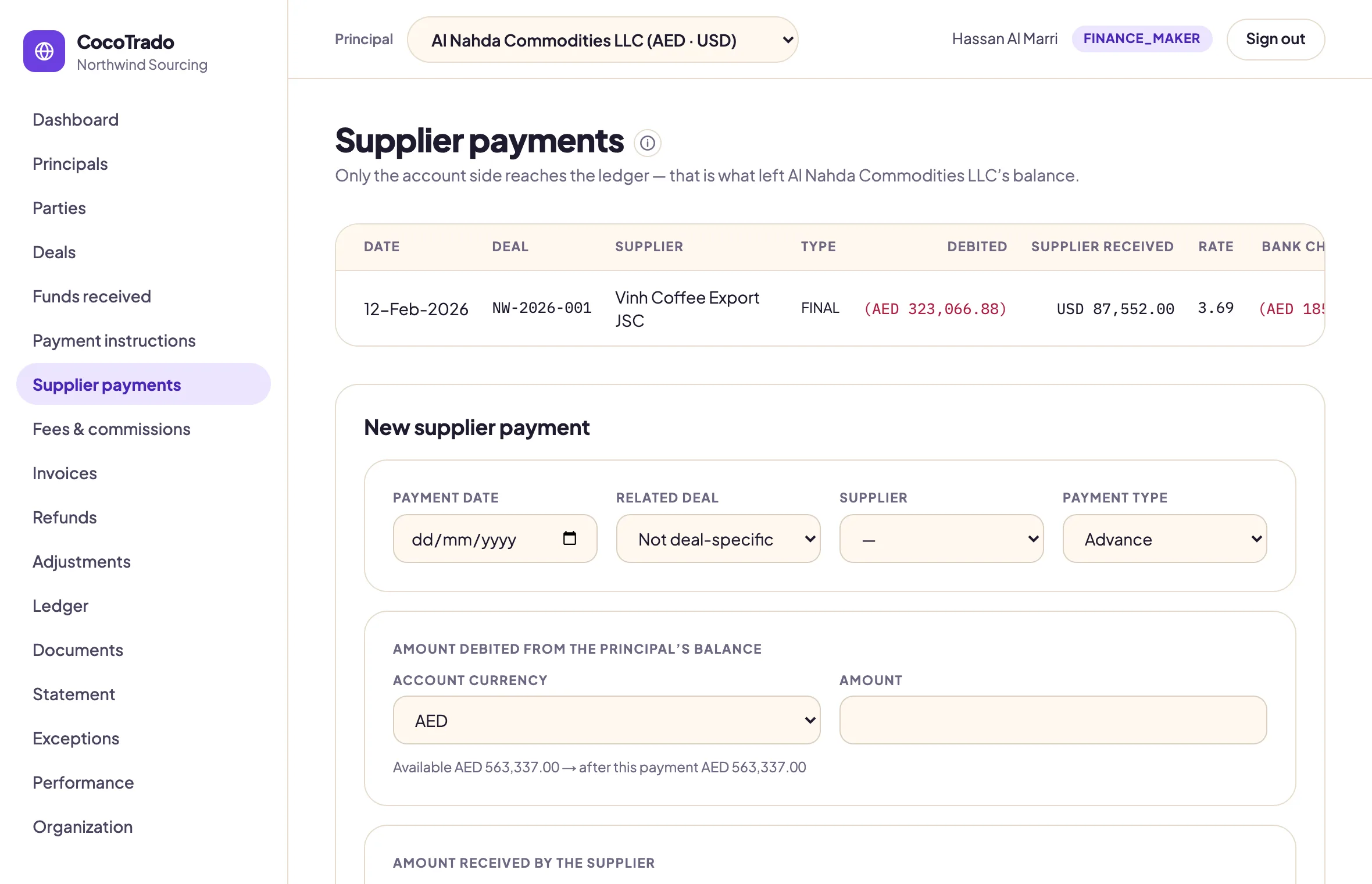 The supplier payment form, split into the amount debited from the principal's balance and the amount received by the supplier, with the exchange rate between them