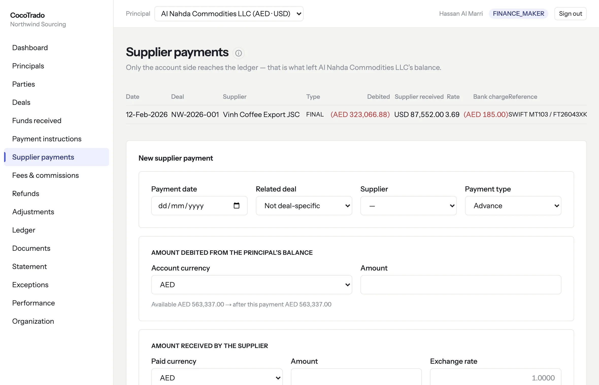 The supplier payment form, split into the amount debited from the principal's balance and the amount received by the supplier, with the exchange rate between them