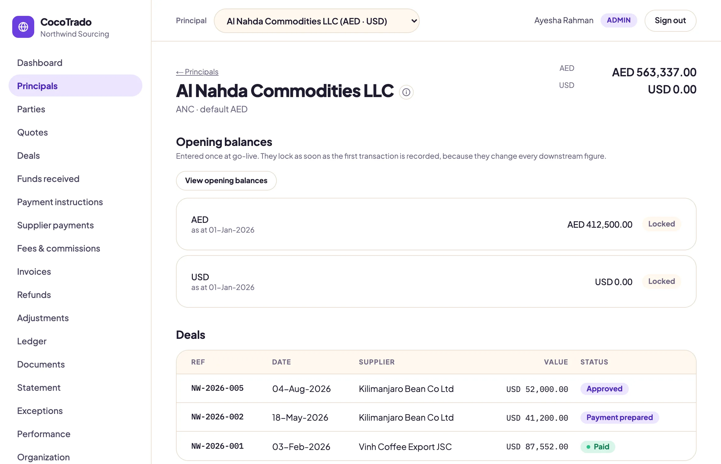 One principal: AED and USD balances in the header, opening balances per currency marked Locked, the principal's deals with their statuses, and their statements