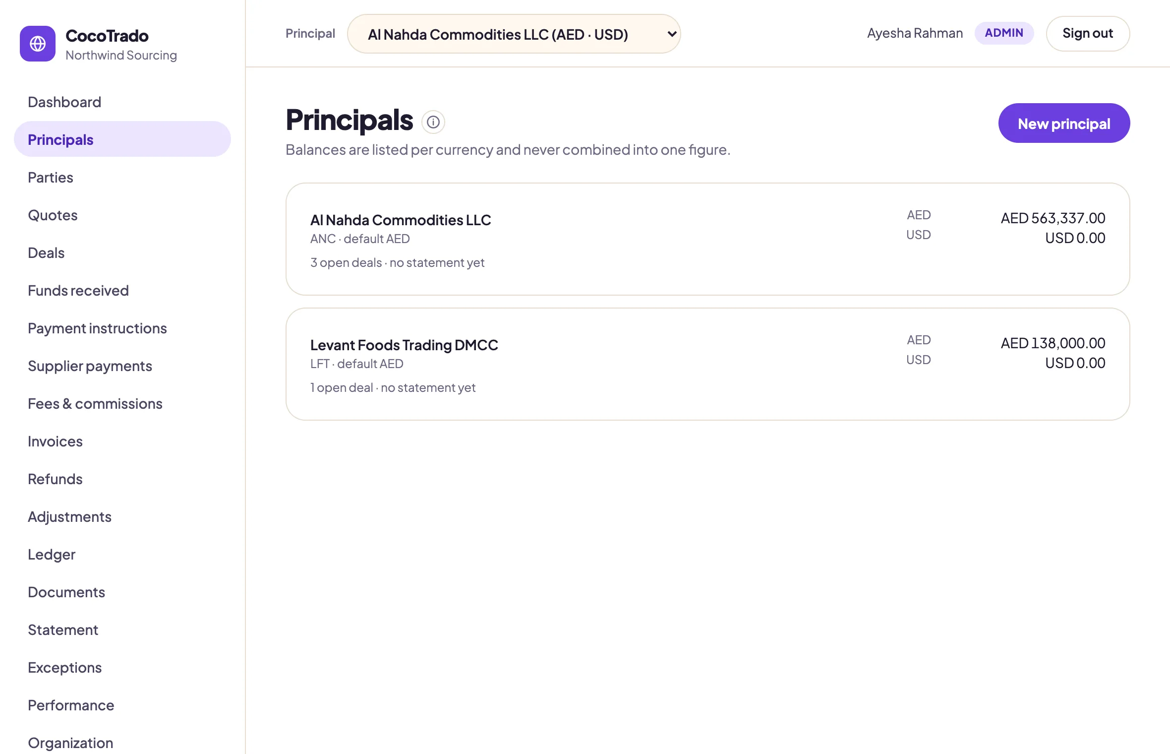 The principals list: two clients, each with an AED balance and a USD balance shown separately, open deals and statement status