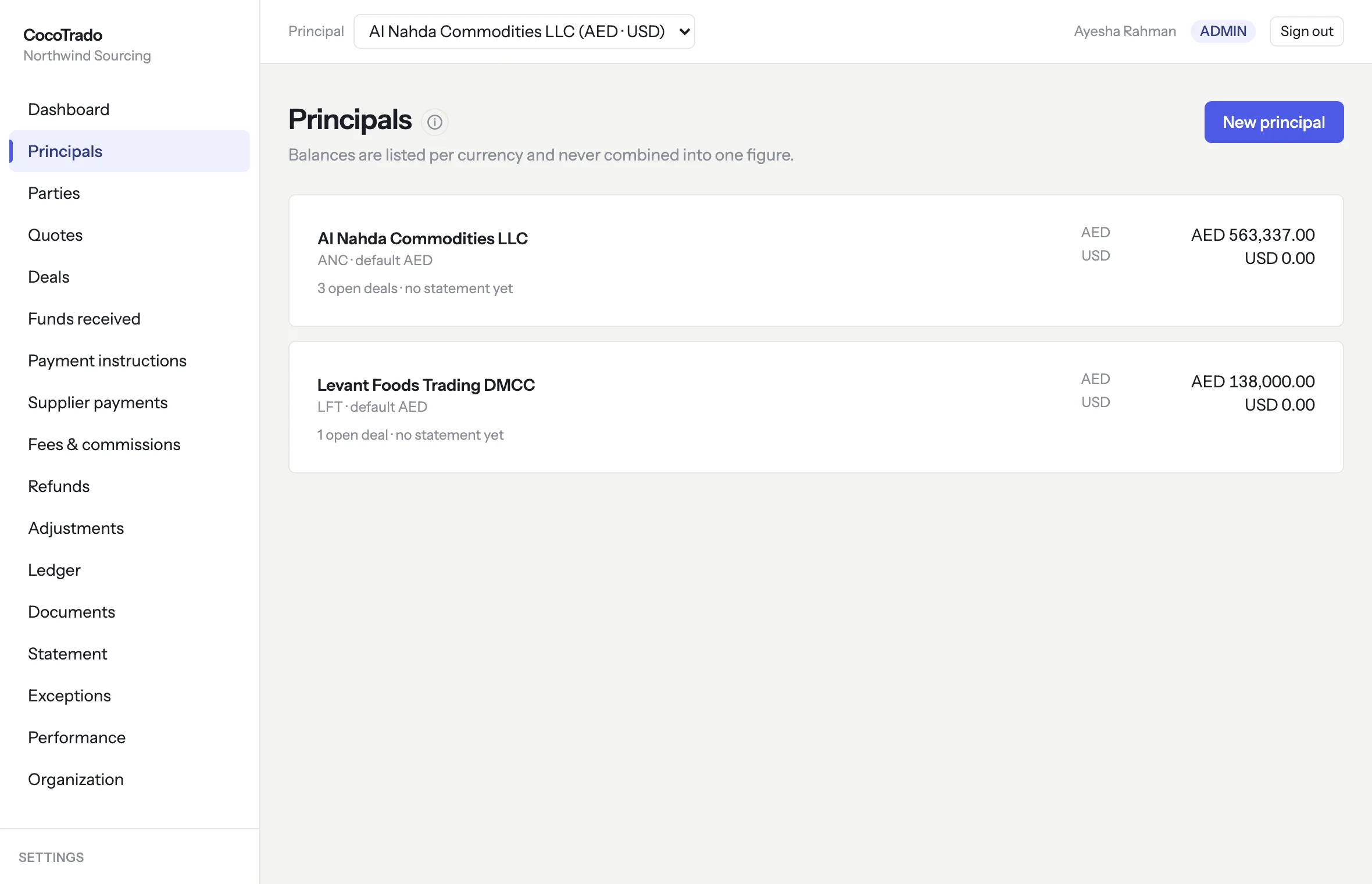 The principals list: two clients, each with an AED balance and a USD balance shown separately, open deals and statement status