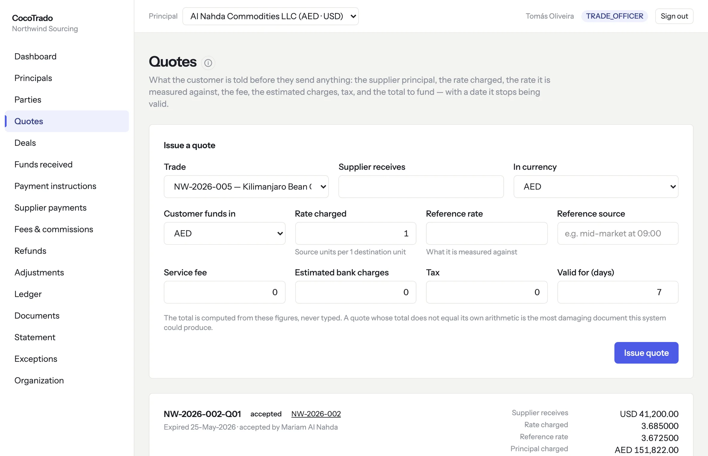 The quotes screen: a form to issue a quote with the rate charged, reference rate, service fee, estimated bank charges, tax and validity, above an accepted quote