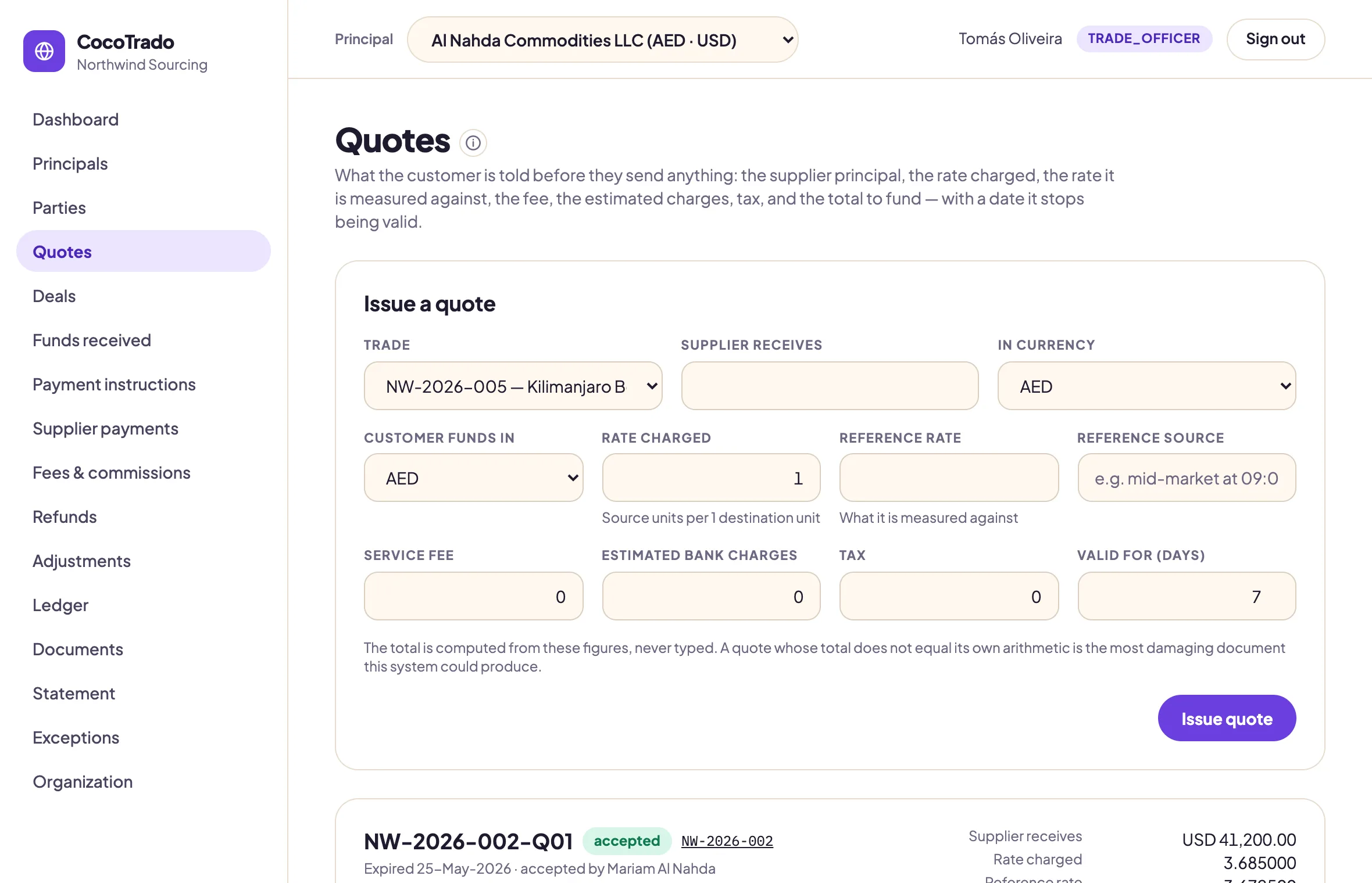 The quotes screen: a form to issue a quote with the rate charged, reference rate, service fee, estimated bank charges, tax and validity, above an accepted quote