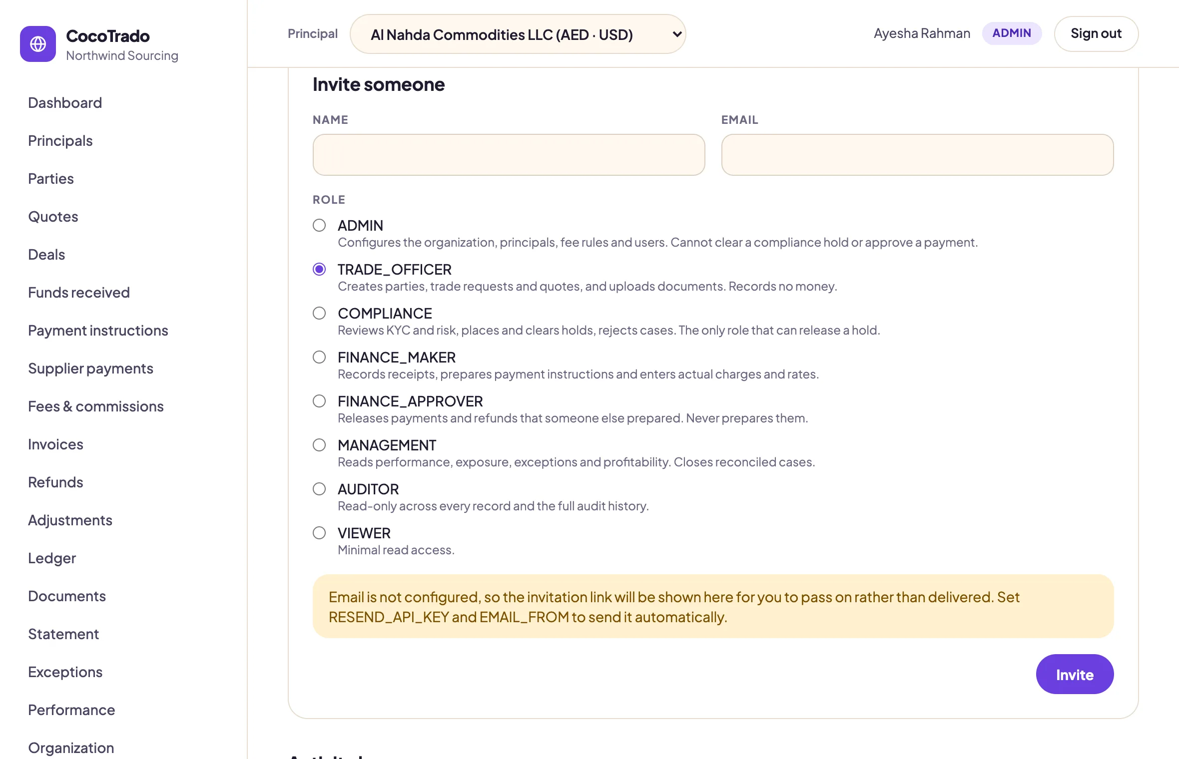The invite form listing every role with what it may do: Admin, Trade Officer, Compliance, Finance Maker, Finance Approver, Management, Auditor and Viewer