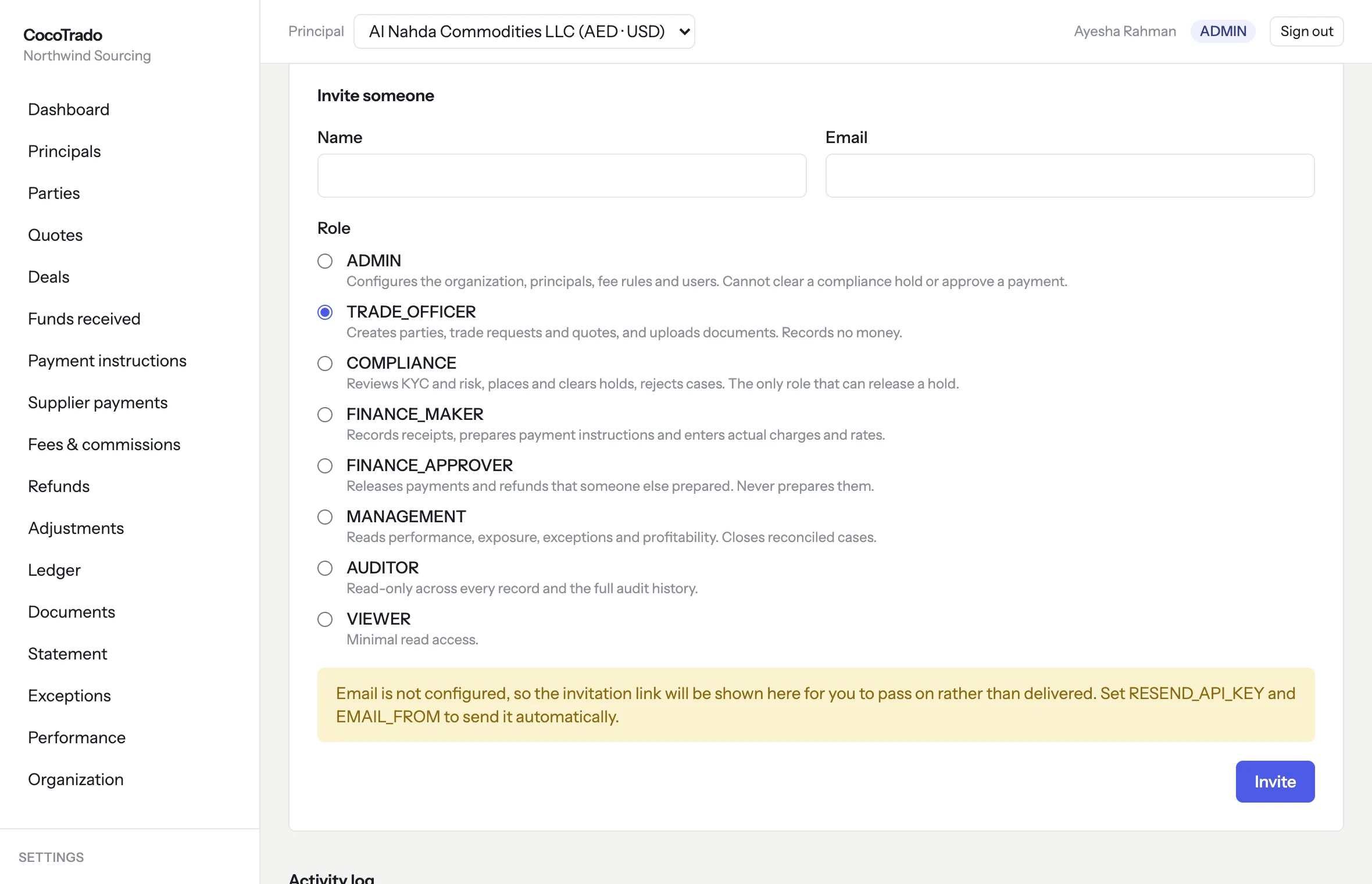 The invite form listing every role with what it may do: Admin, Trade Officer, Compliance, Finance Maker, Finance Approver, Management, Auditor and Viewer