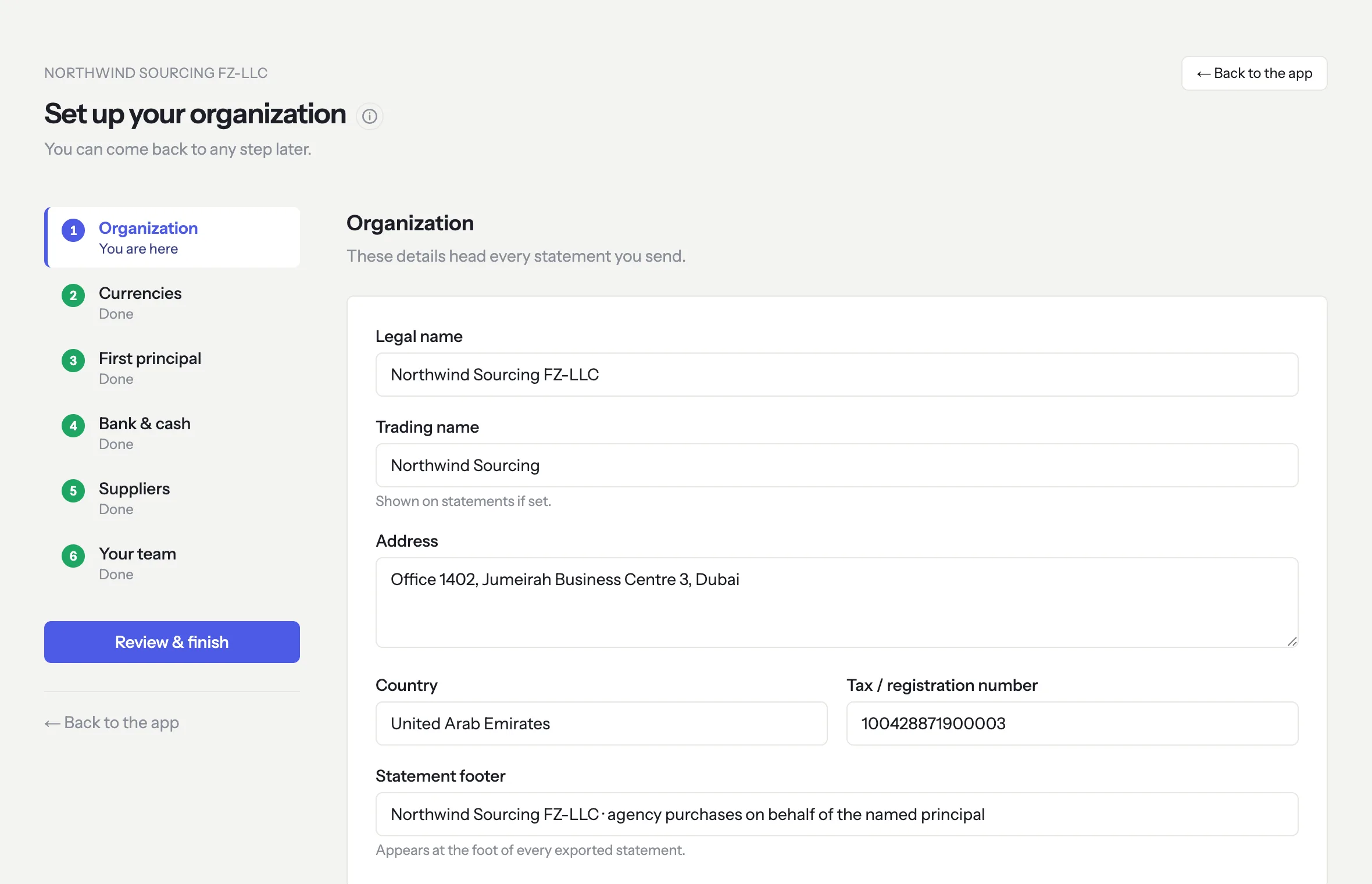 The setup wizard on its Organization step: a six-step rail on the left with the current step marked and the others done, and the organization form with legal name, trading name, address, country, tax number and statement footer