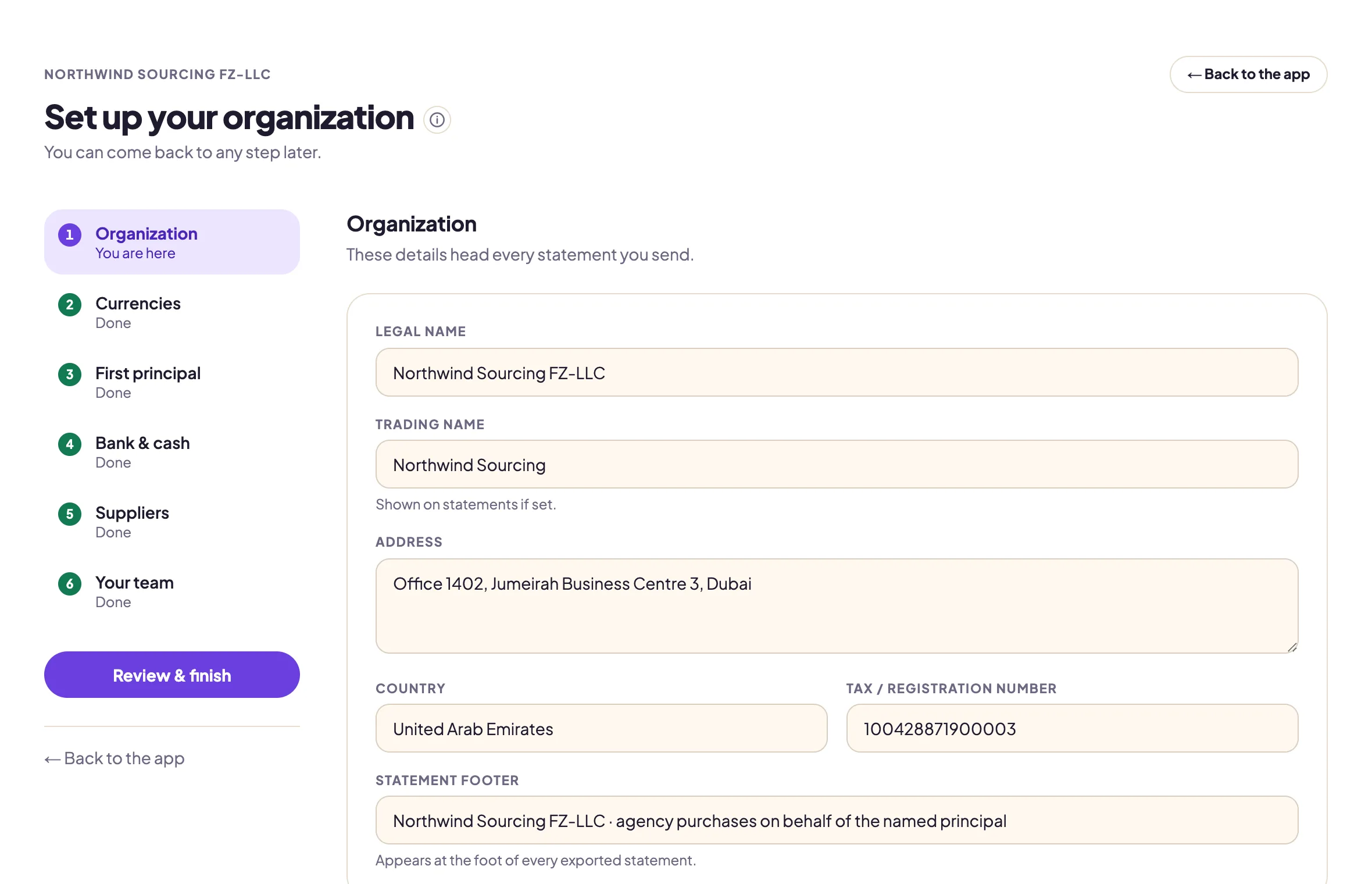 The setup wizard on its Organization step: a six-step rail on the left with the current step marked and the others done, and the organization form with legal name, trading name, address, country, tax number and statement footer