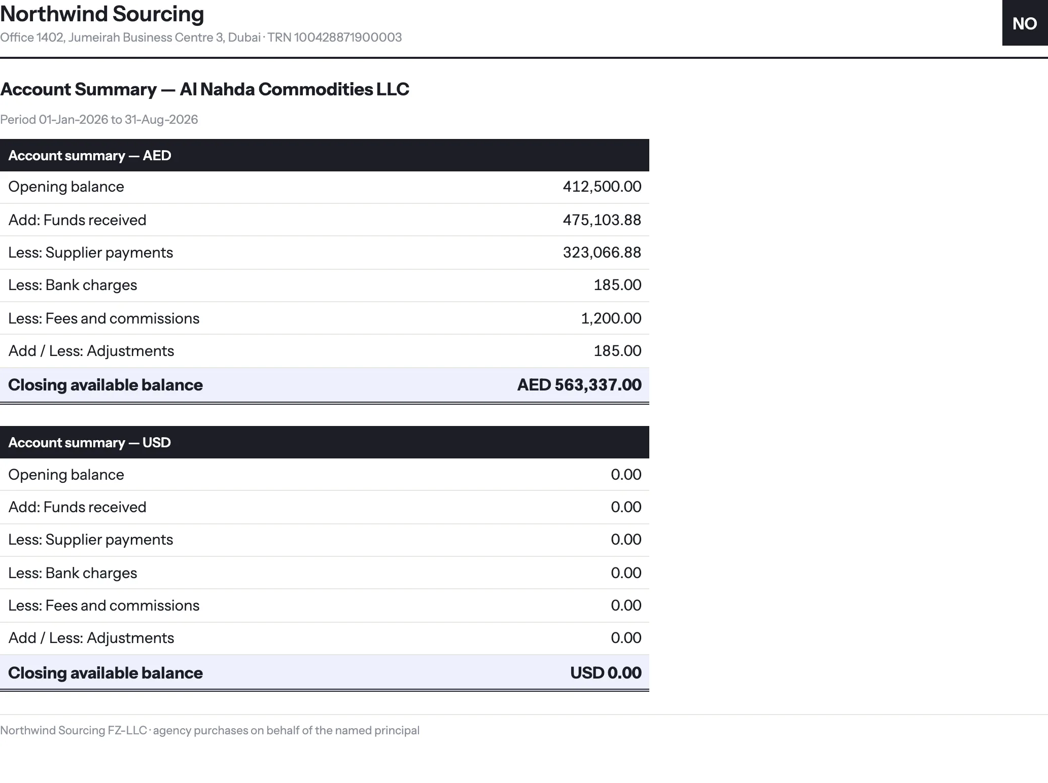 The Account Summary sheet of a statement: the organization's letterhead, then one block per currency with opening balance, funds received, supplier payments, bank charges, fees, adjustments and the closing available balance